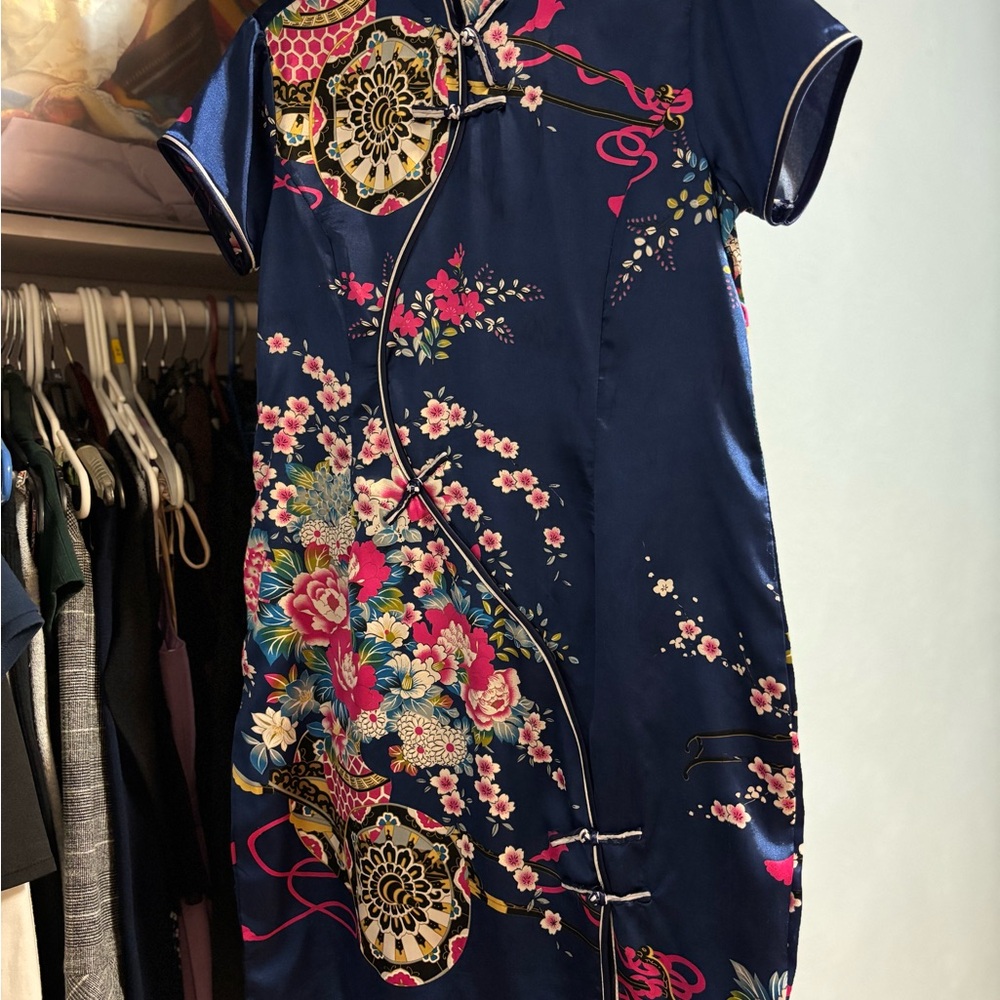 Dark Blue Floral Qipao Cheongsam Chinese Dress